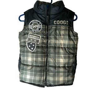 Coogi Kids Puffer Vest‎ Black Tan Plaid Embroidered Patches Zip Up Size 24M